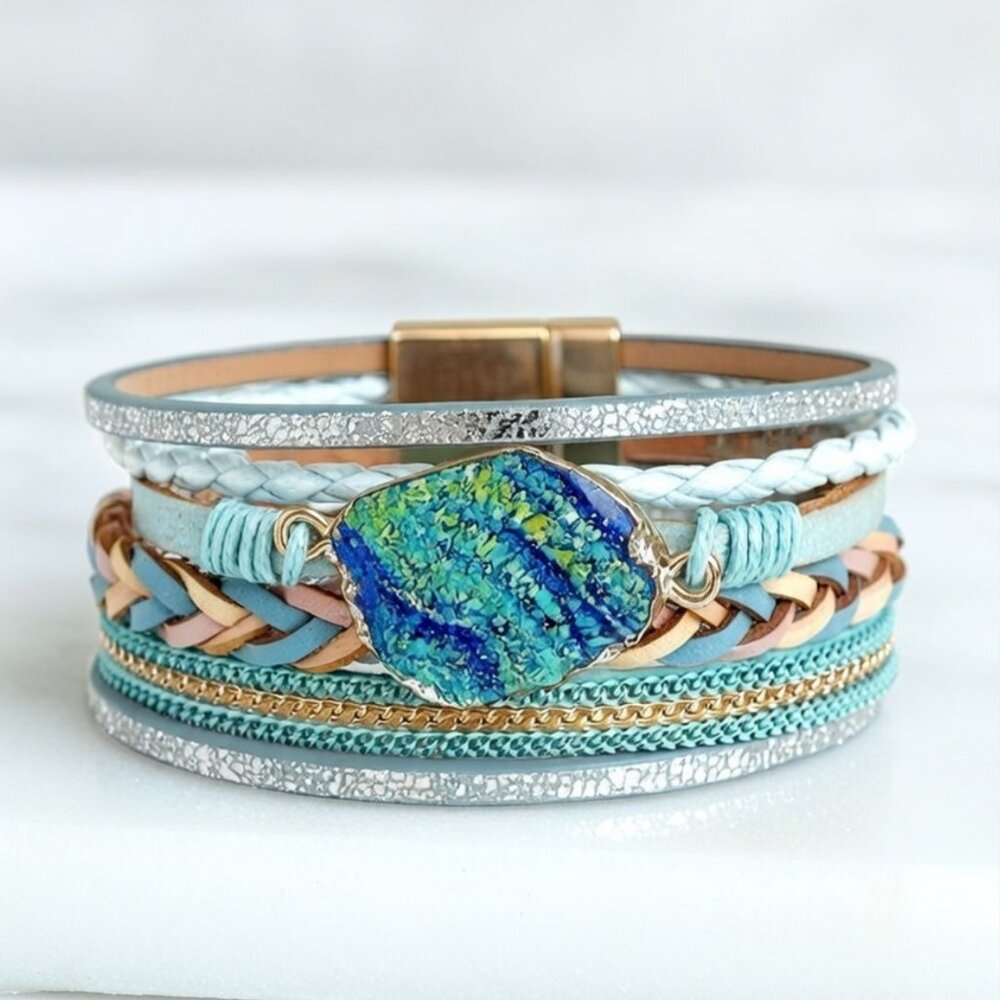 🌟Boho Teal Druzy Stacked Wrap Bracelet Green Gold Tone Mixed Media Statement